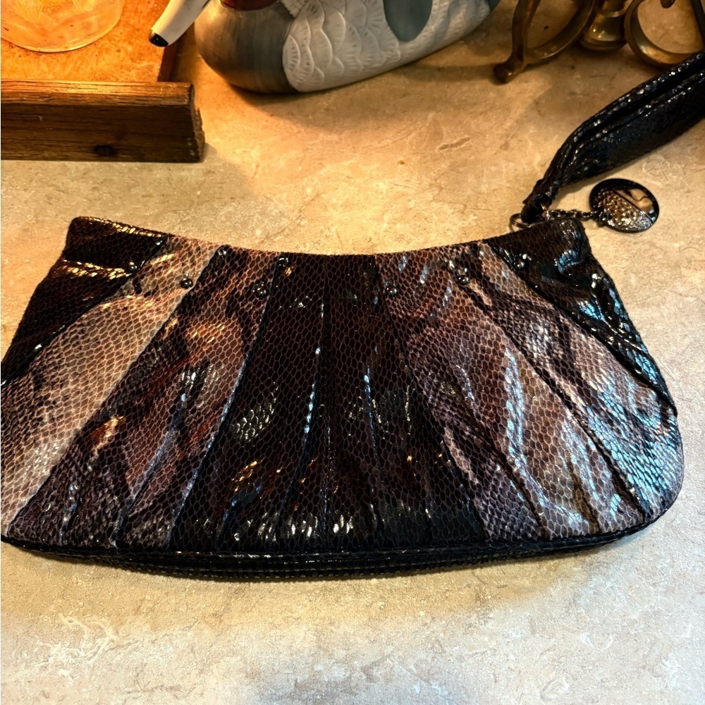 NINE WEST Faux Python Snake Print Black Metallic Clutch